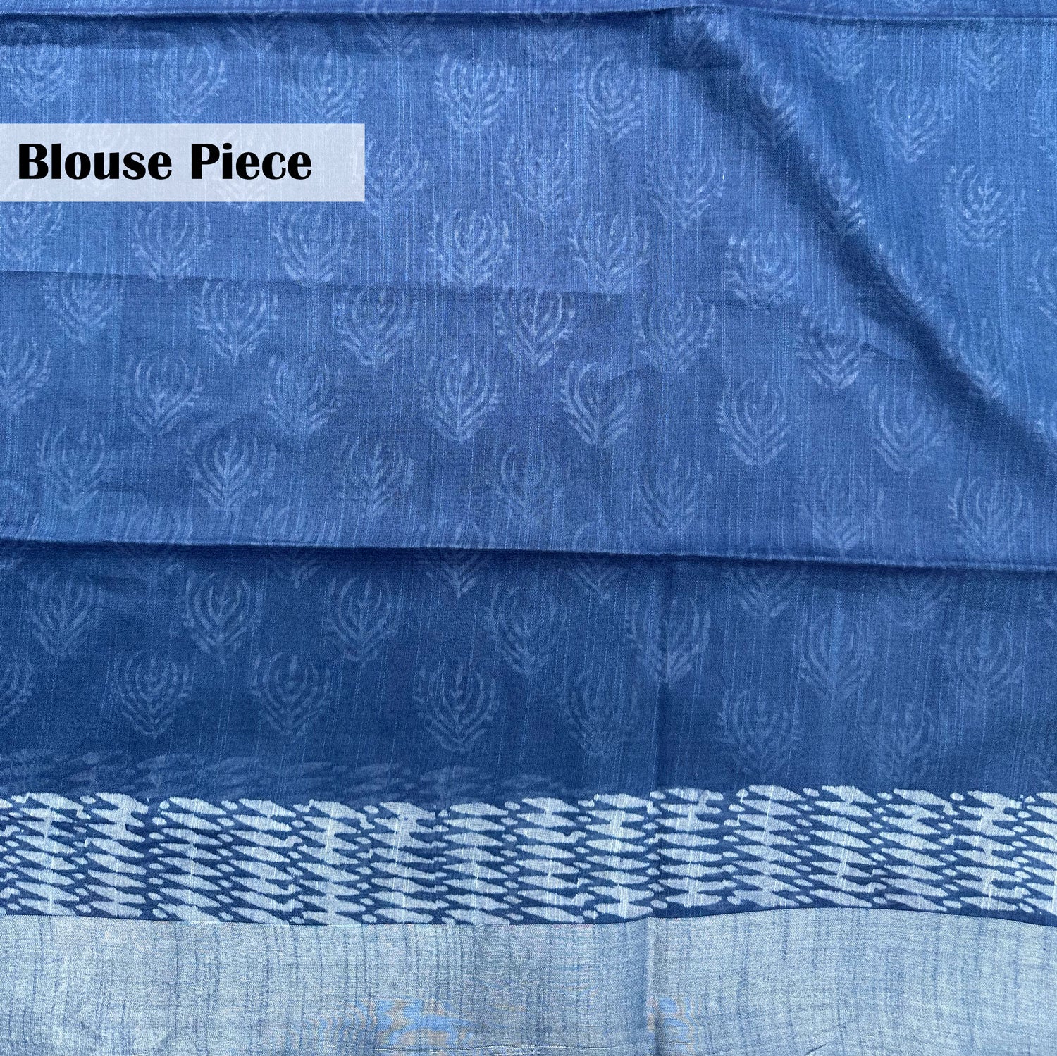 Blouse piece with geometric block print border on indigo cotton silk – Anantaa