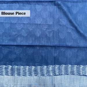 Blouse piece with geometric block print border on indigo cotton silk – Anantaa