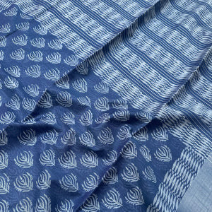 Closeup of Peacock feather allover hand block print indigo cotton silk saree  – The Thread Weavers