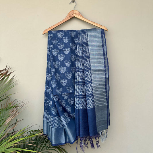 Peacock feather allover hand block print indigo cotton silk saree full view – The Thread Weavers