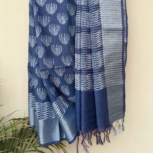 Pleats detail of peacock feather repeat block print on indigo cotton silk – Anantaa