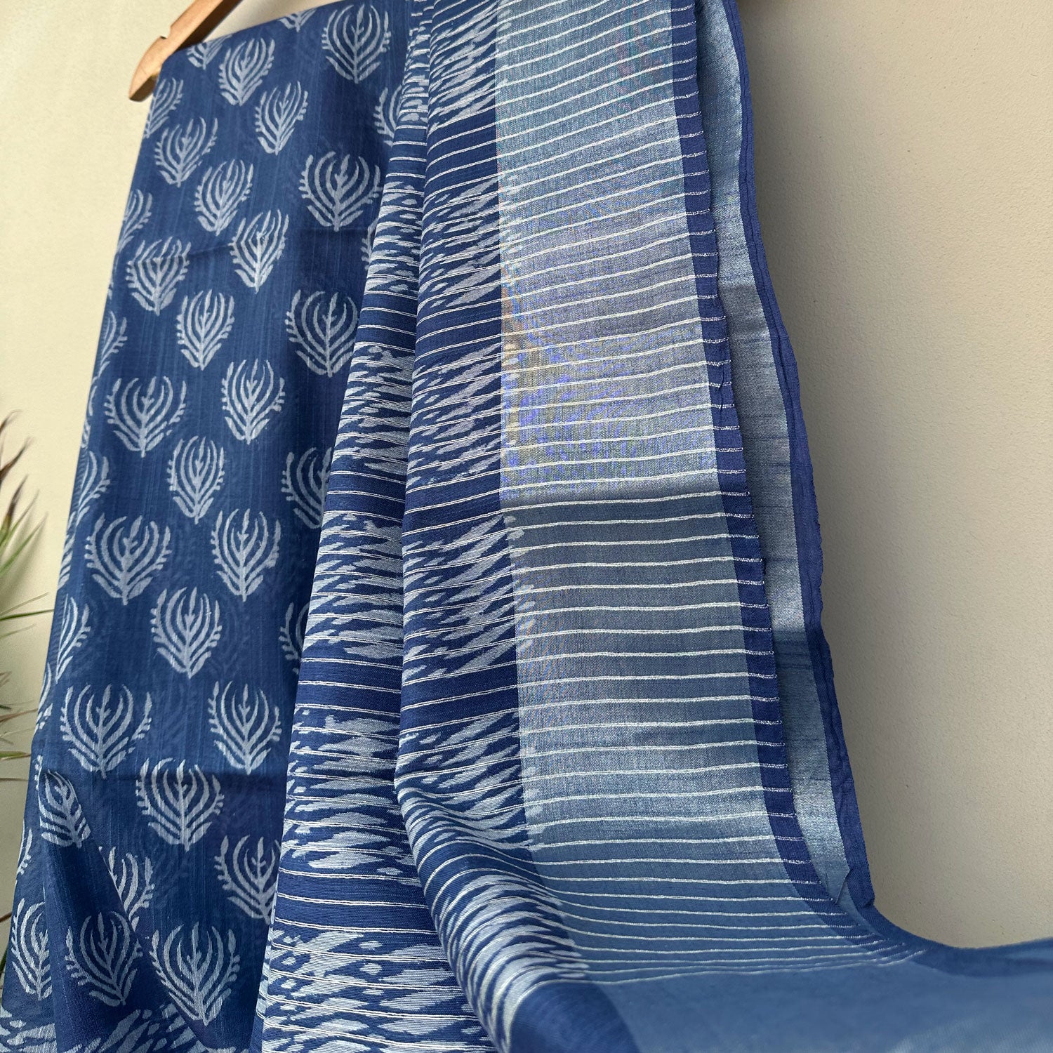 Feather spine stripe pallu on indigo cotton silk – Anantaa by The Thread Weavers