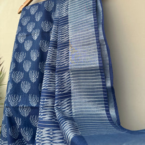 Feather spine stripe pallu on indigo cotton silk – Anantaa by The Thread Weavers