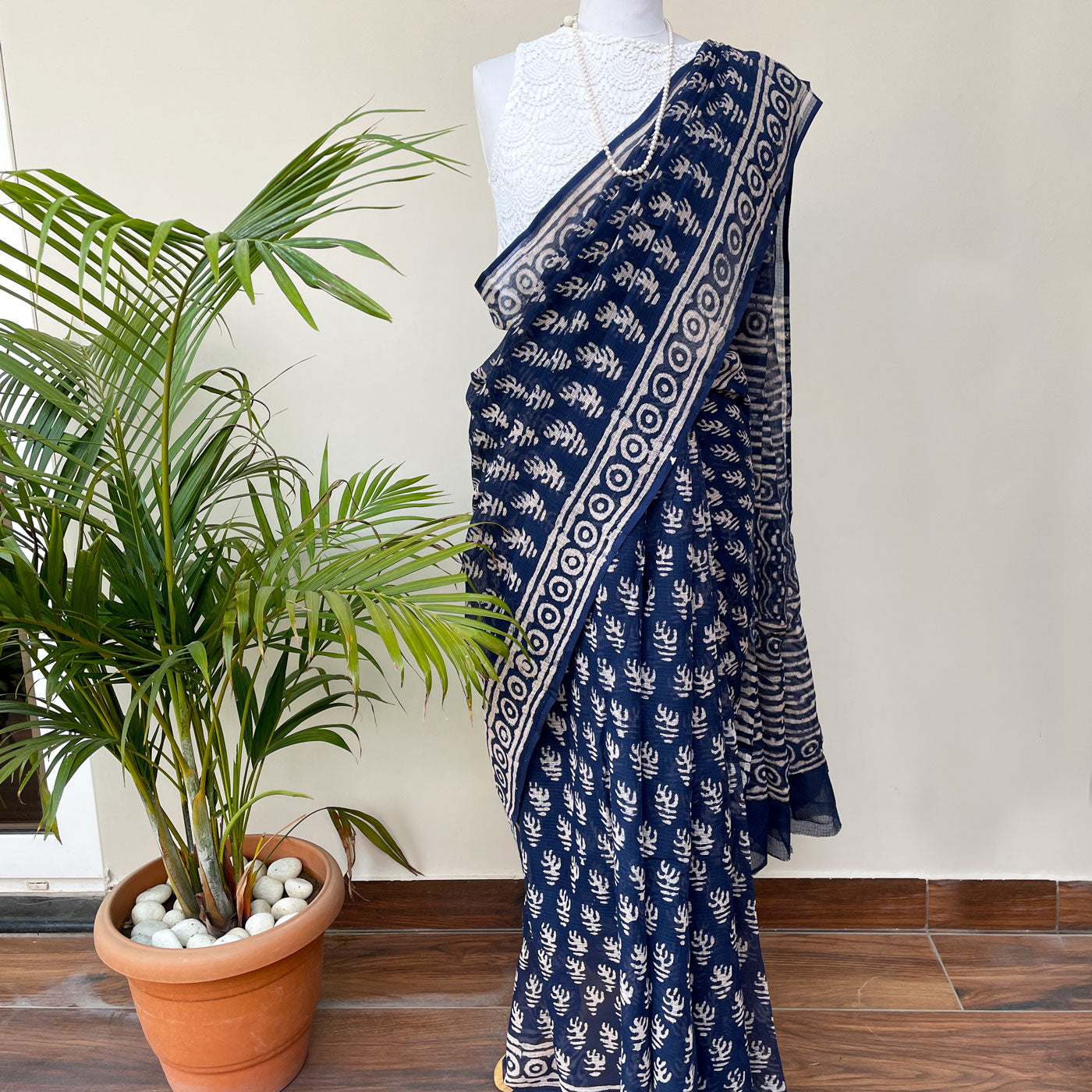 Anantaa Indigo Handblock Kota Doria Saree