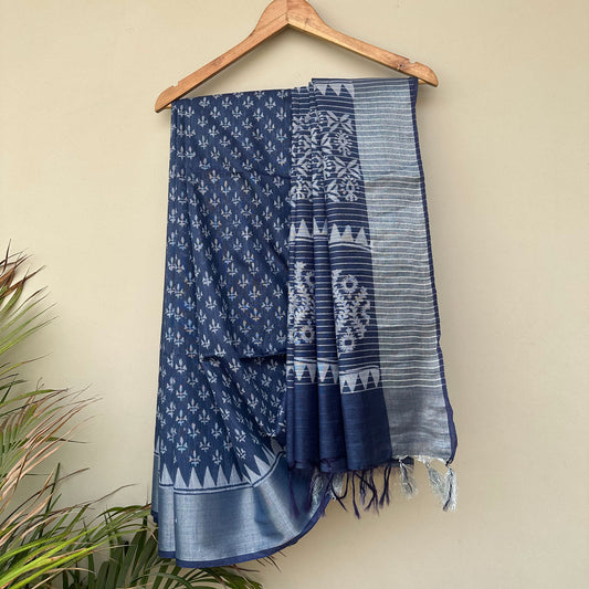Floral sprig hand block print indigo cotton silk saree with rangoli temple border – The Thread Weavers