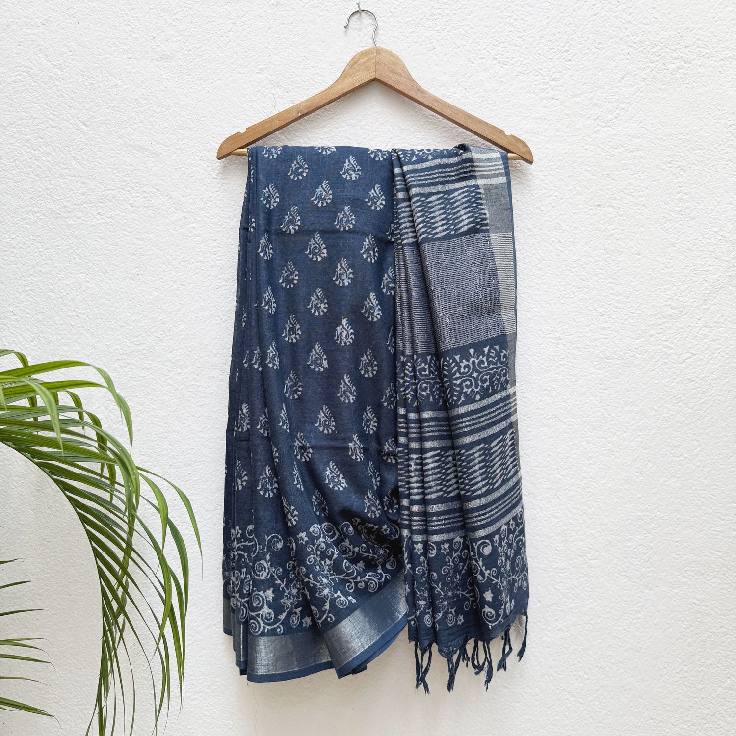 Bahula Indigo Hand Block Cotton Linen Saree
