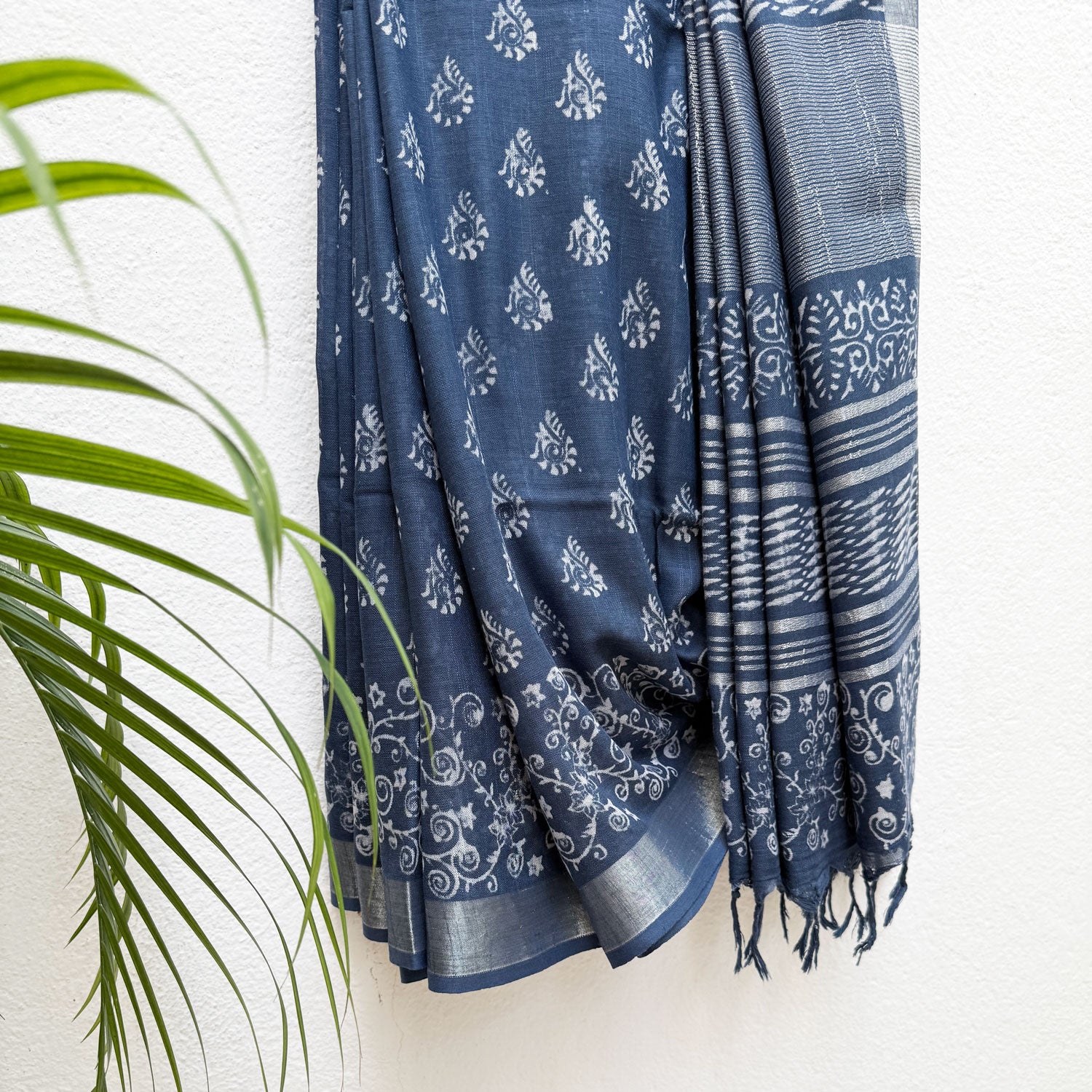 Bahula Indigo Hand Block Cotton Linen Saree