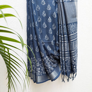 Bahula Indigo Hand Block Cotton Linen Saree