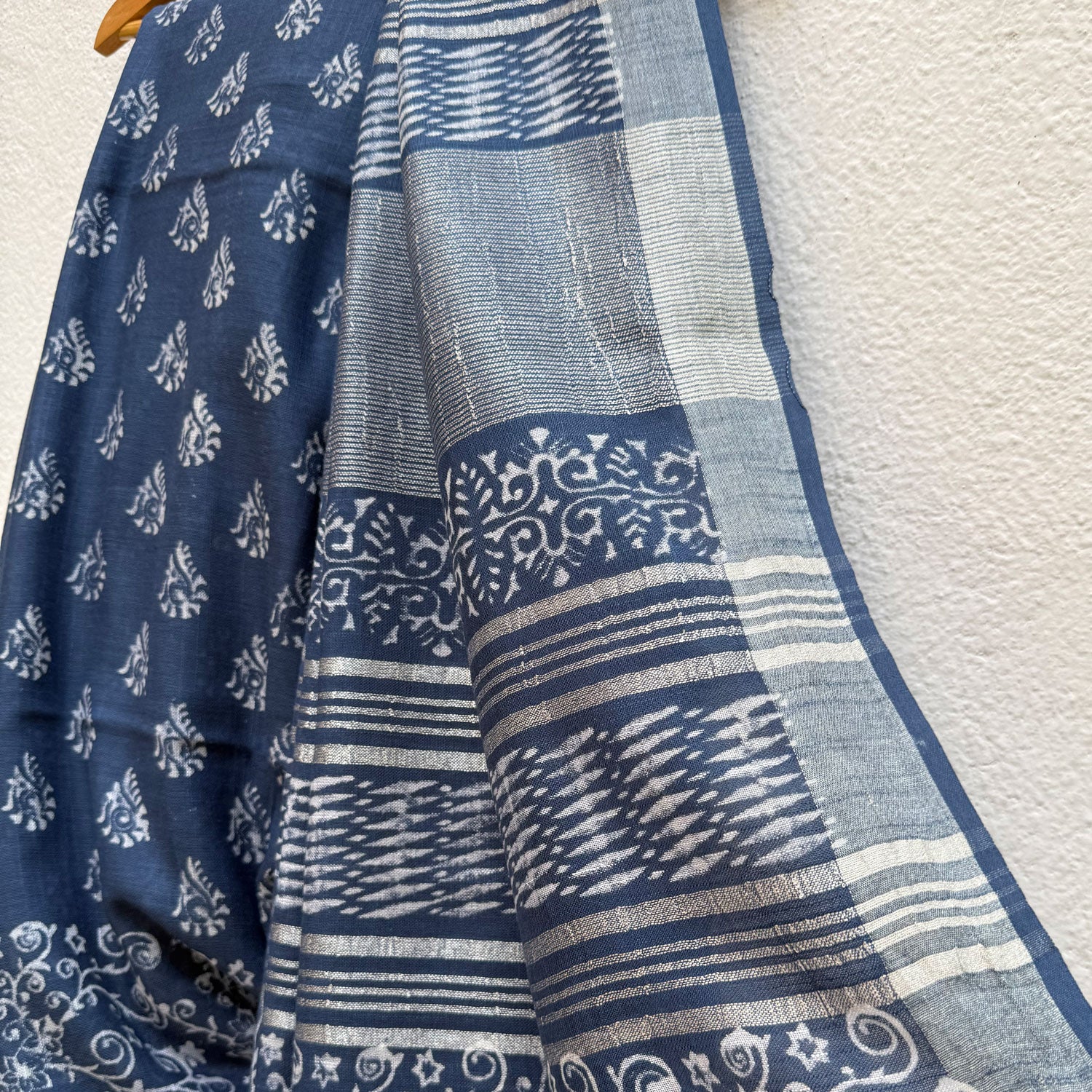 Bahula Indigo Hand Block Cotton Linen Saree