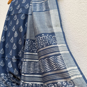 Bahula Indigo Hand Block Cotton Linen Saree