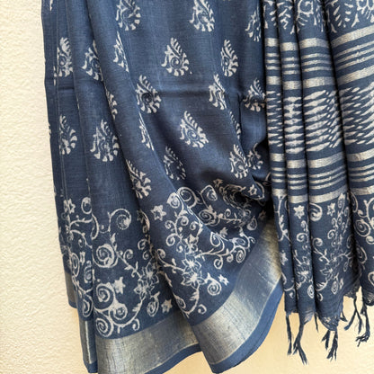 Bahula Indigo Hand Block Cotton Linen Saree