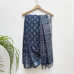 Bahula Indigo Hand Block Cotton Linen Saree