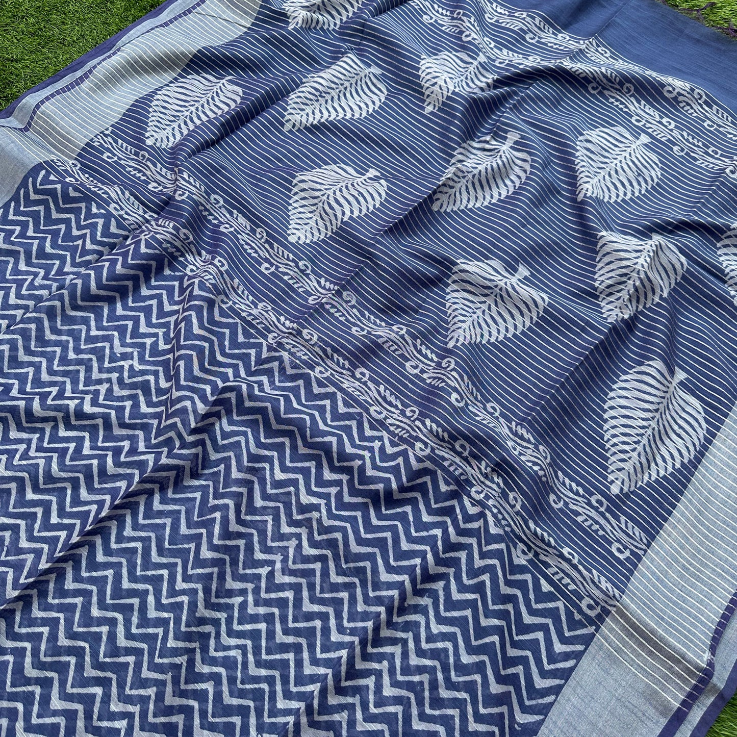 Bahula Indigo Hand Block Printed Cotton Silk Saree