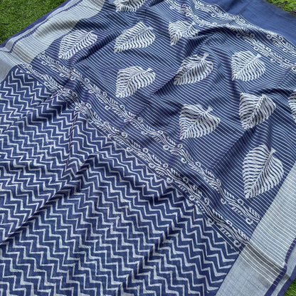 Bahula Indigo Hand Block Printed Cotton Silk Saree