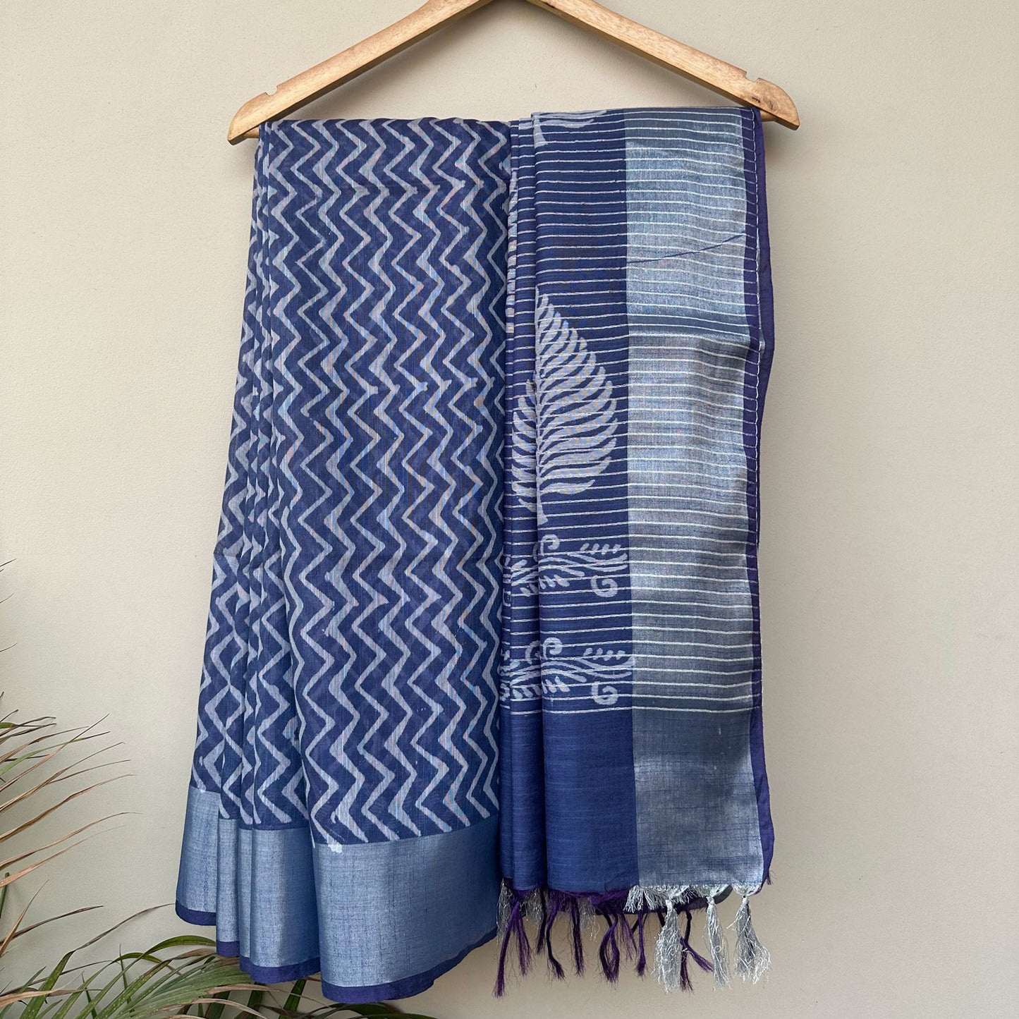 Bahula Indigo Hand Block Printed Cotton Silk Saree