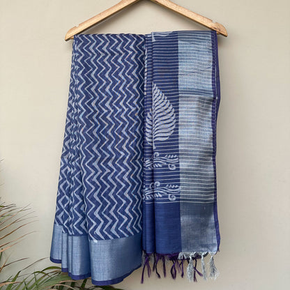 Bahula Indigo Hand Block Printed Cotton Silk Saree