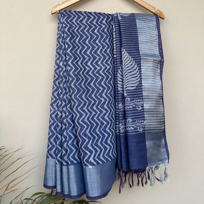 Bahula Indigo Hand Block Printed Cotton Silk Saree