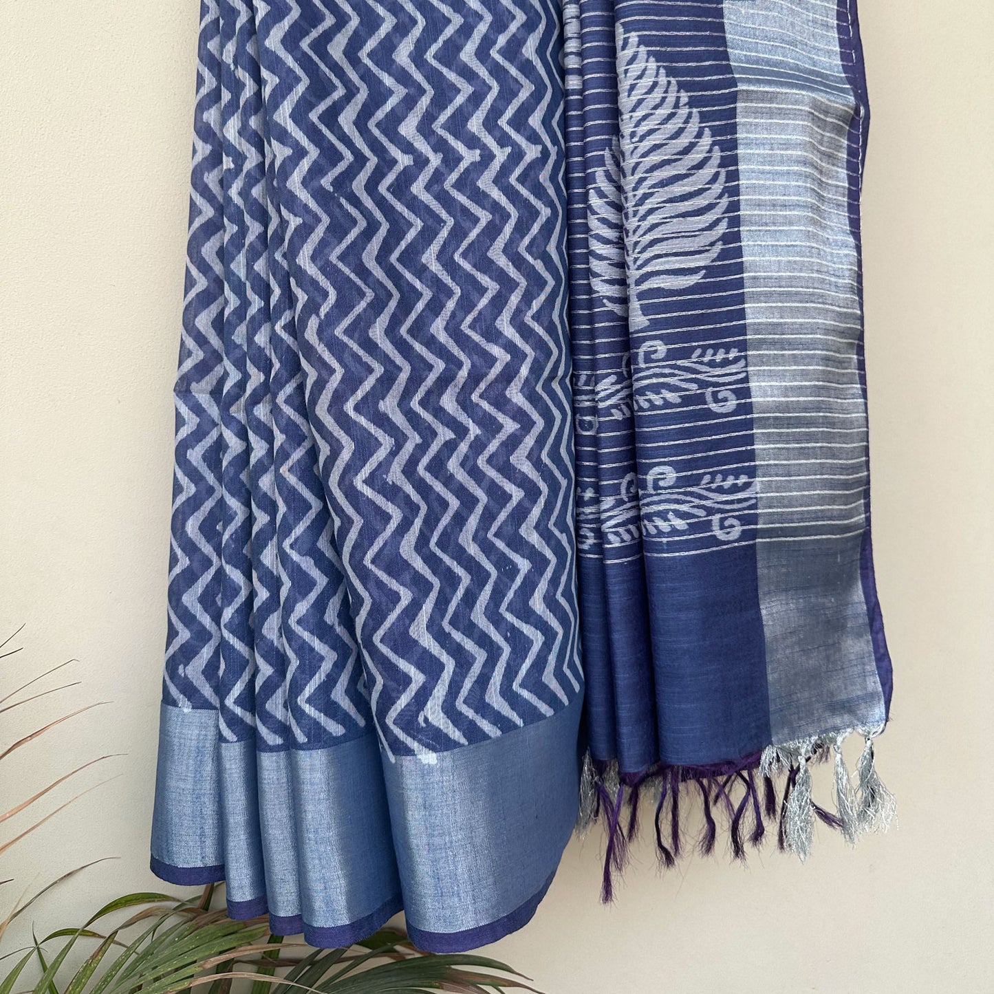 Bahula Indigo Hand Block Printed Cotton Silk Saree