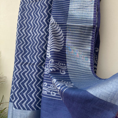 Bahula Indigo Hand Block Printed Cotton Silk Saree