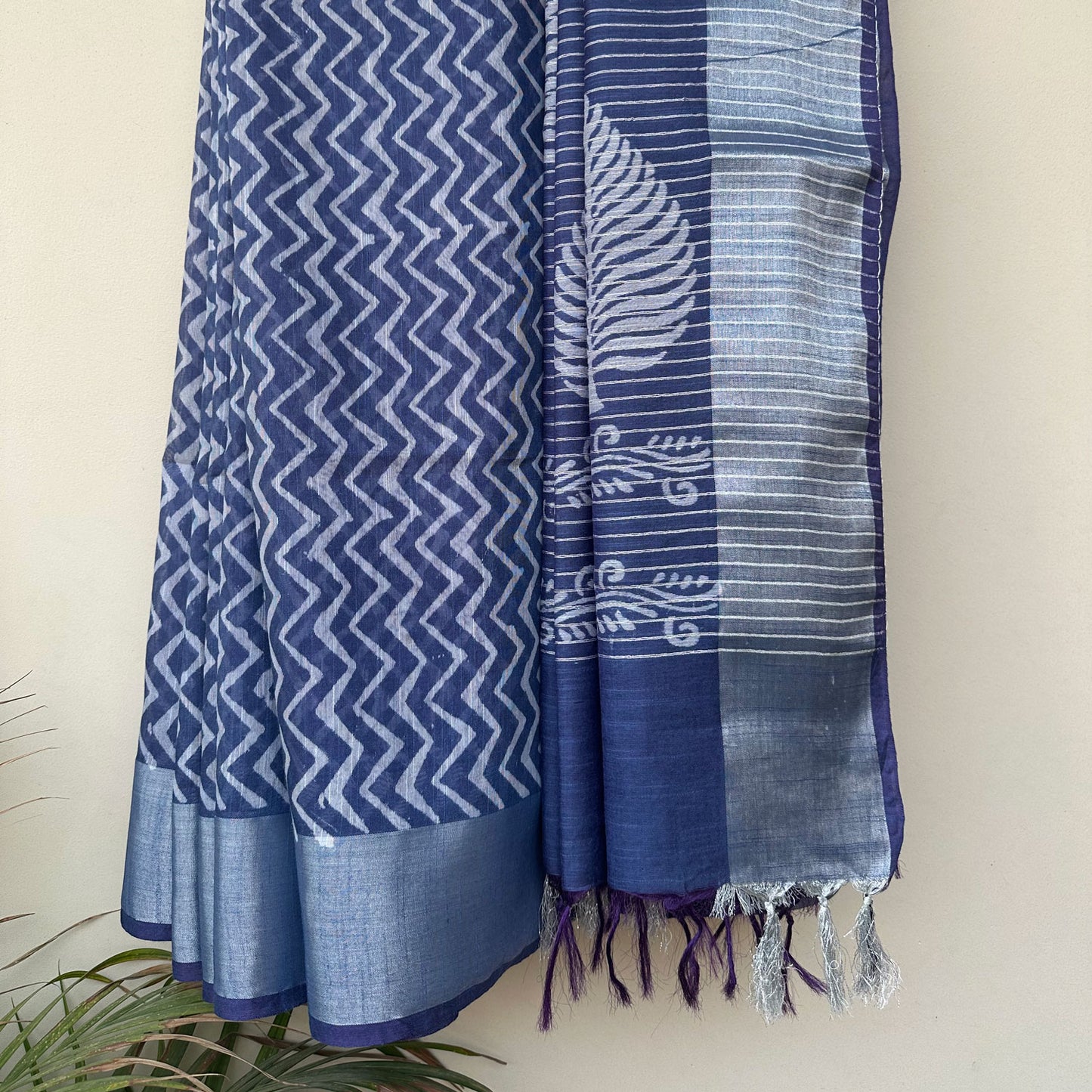 Bahula Indigo Hand Block Printed Cotton Silk Saree