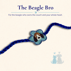 Hand-embroidered beagle rakhi for pet lovers, close-up beadwork