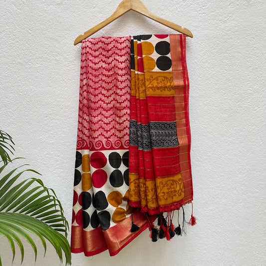 Berry Mix Handblock Cotton Viscose Silk Saree