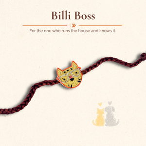 Hand-embroidered cat face rakhi with bead detail, close-up