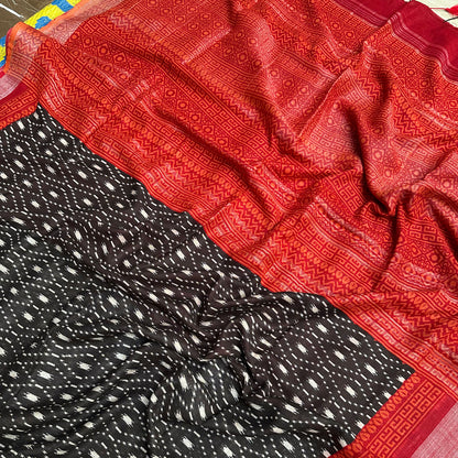 Black Argyle Cotton Linen Saree