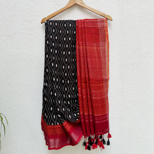 Black Argyle Cotton Linen Saree