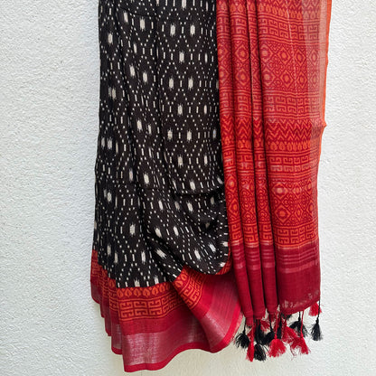 Black Argyle Cotton Linen Saree