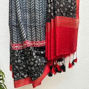 Black Honey Handblock Cotton Viscose Silk Saree