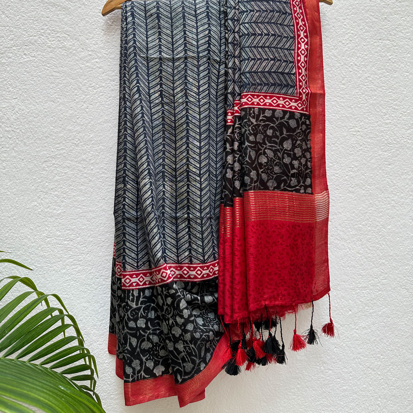 Black Honey Handblock Cotton Viscose Silk Saree