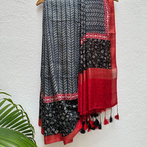 Black Honey Handblock Cotton Viscose Silk Saree