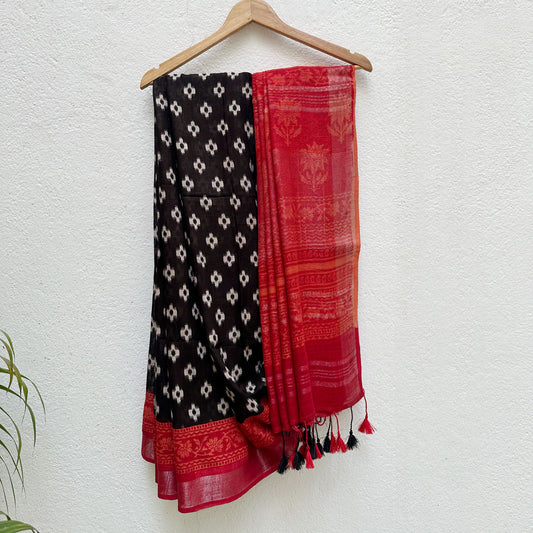 Black Ikkat Cotton Linen Saree