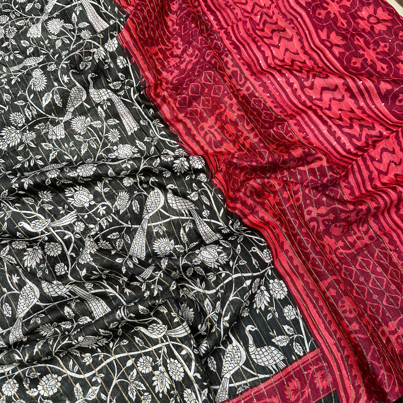 Black Peacock Cotton Silk Printed Saree