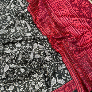 Black Peacock Cotton Silk Printed Saree