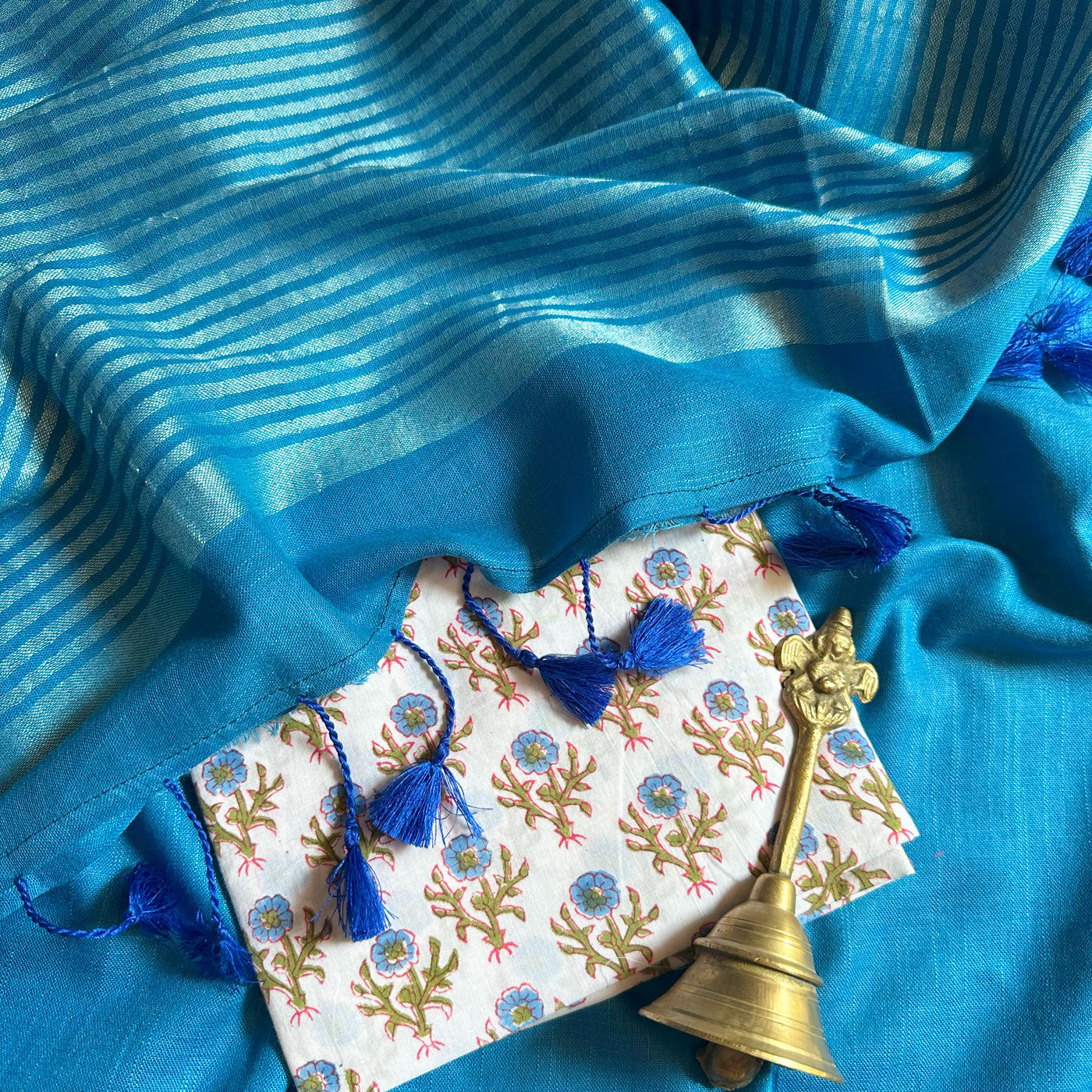 Blue Ocean Cotton Saree with Printed Blouse