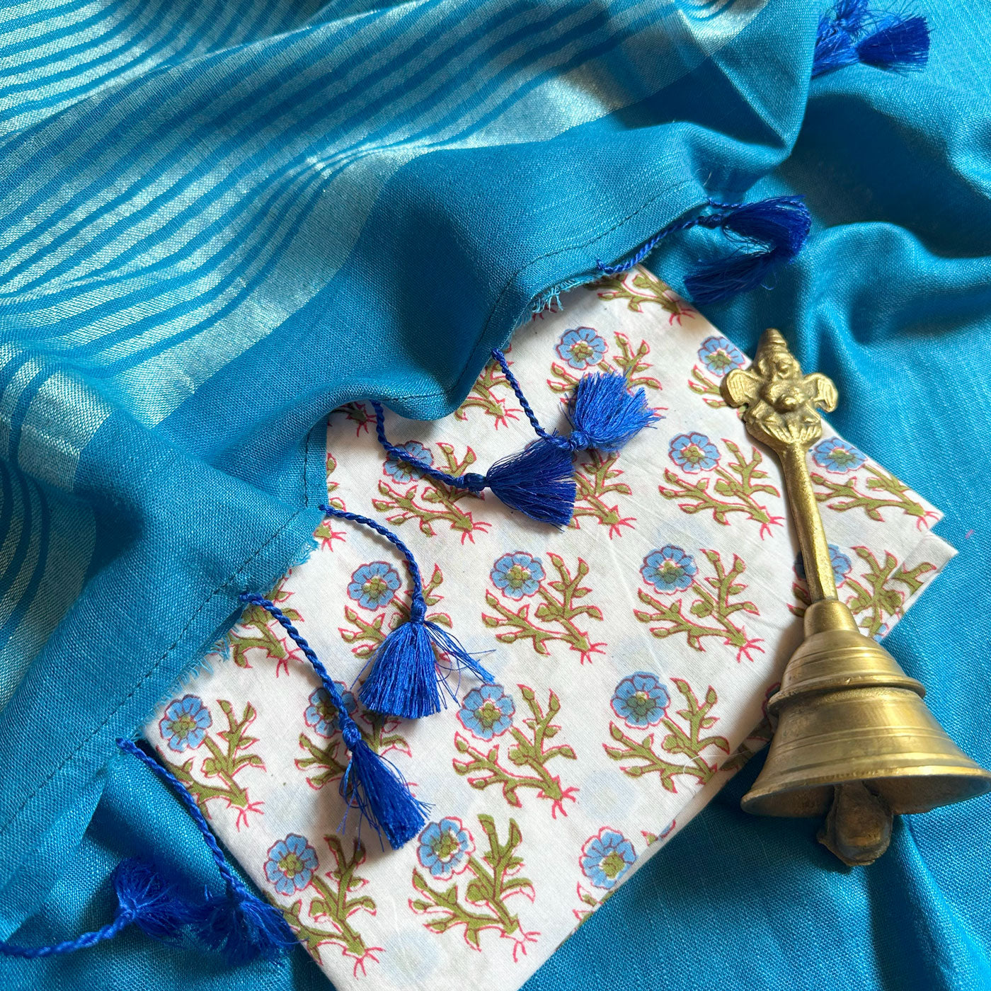 Blue Ocean Cotton Saree with Printed Blouse