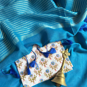 Blue Ocean Cotton Saree with Printed Blouse