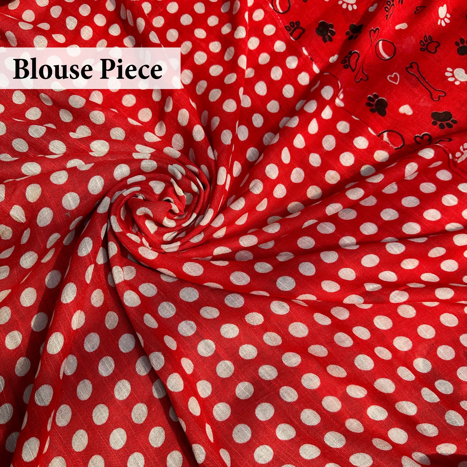 Bone Voyage red cotton dog print saree with polka blouse piece, Zoomies Collection