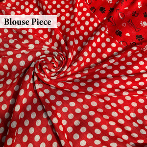 Bone Voyage red cotton dog print saree with polka blouse piece, Zoomies Collection