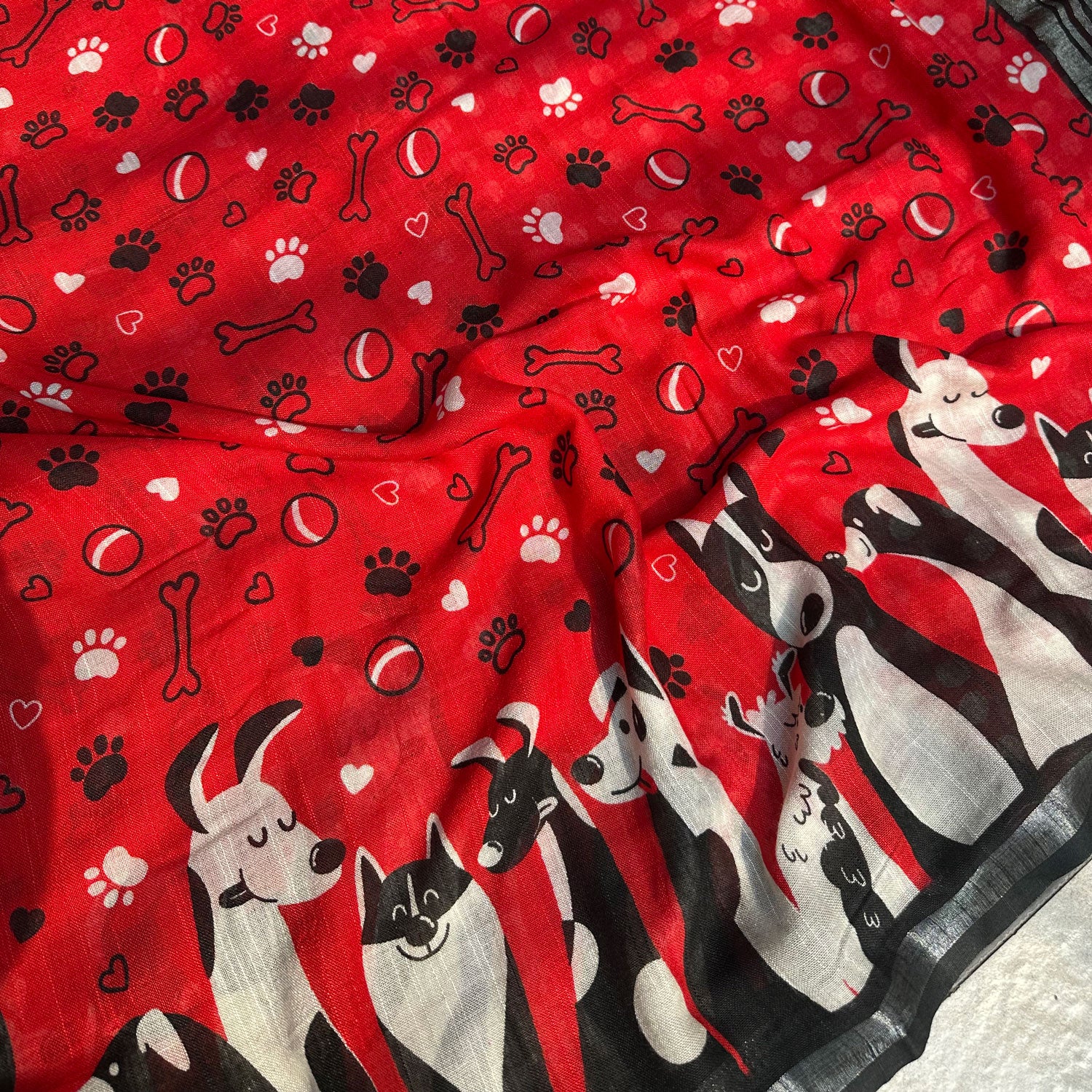 Bone Voyage red cotton dog print saree  closeup with paw print and bone motifs, illustrated dog border and black zari stripe pallu, Zoomies Collection