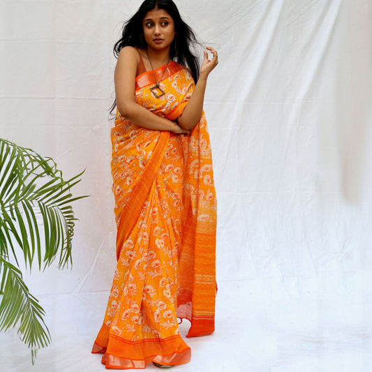 Californian Poppy Printed Organic Linen Saree