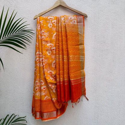 Californian Poppy Printed Organic Linen Saree