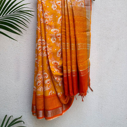 Californian Poppy Printed Organic Linen Saree