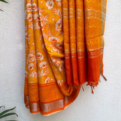 Californian Poppy Printed Organic Linen Saree