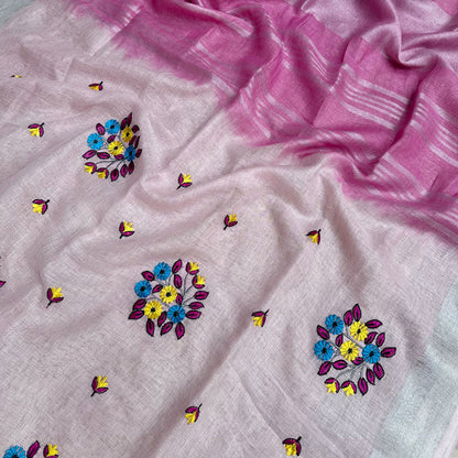 Candy Pink Floss Linen Embroidered Saree