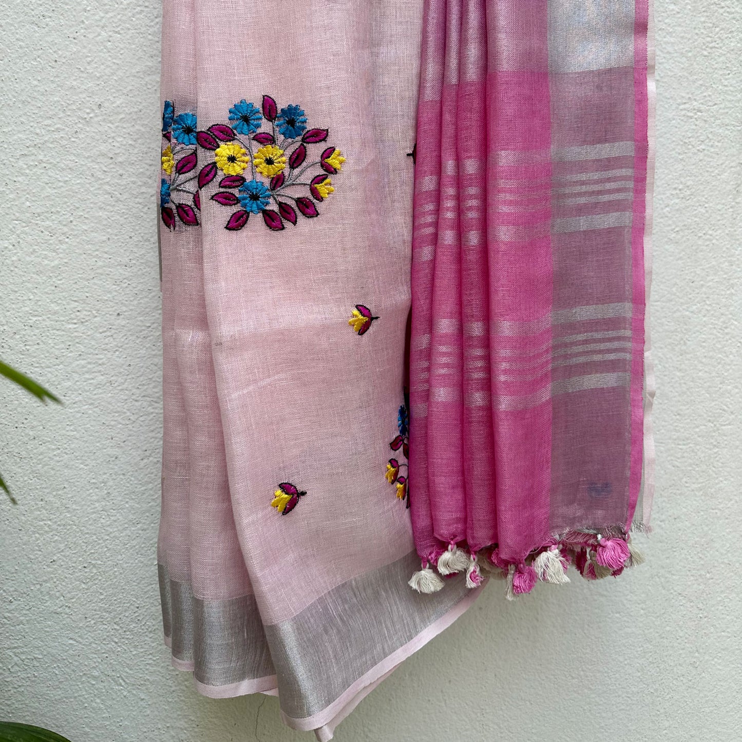 Candy Pink Floss Linen Embroidered Saree