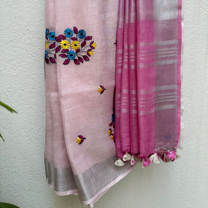 Candy Pink Floss Linen Embroidered Saree