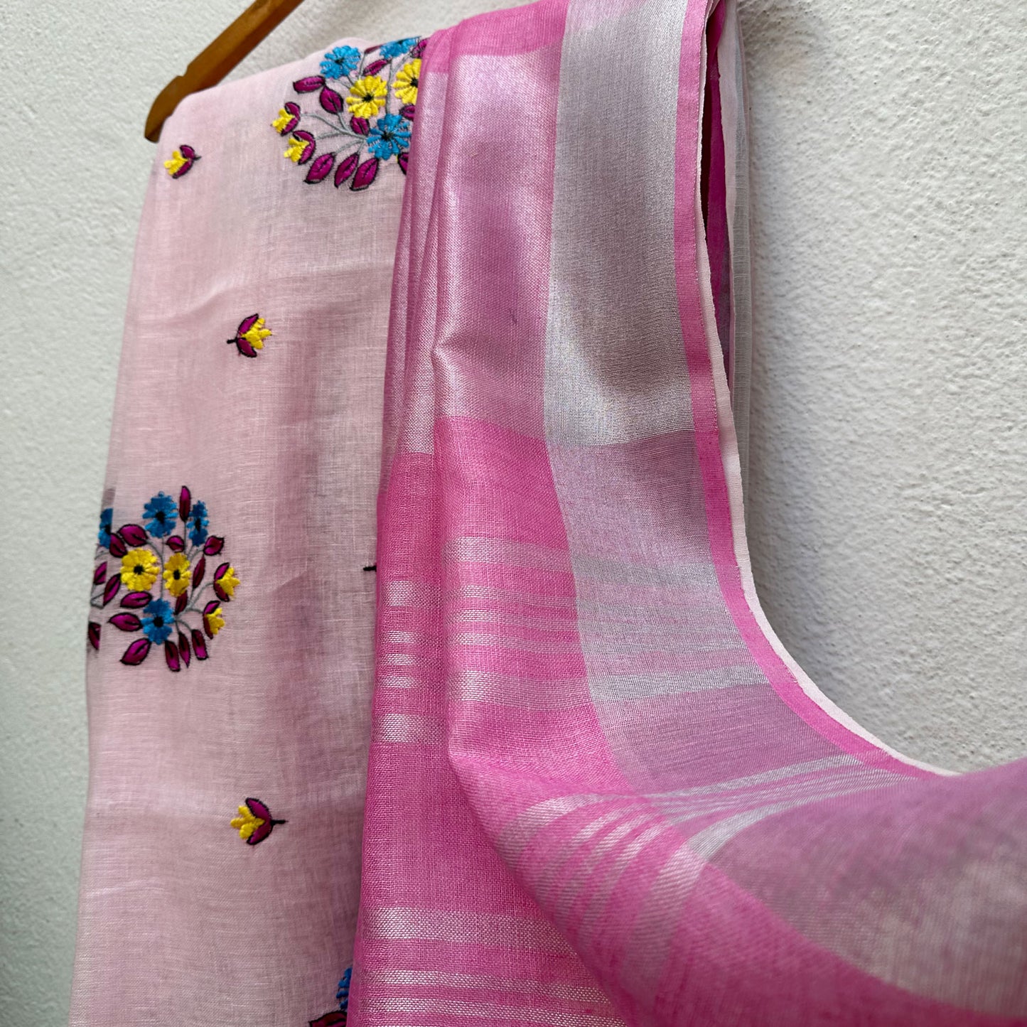 Candy Pink Floss Linen Embroidered Saree